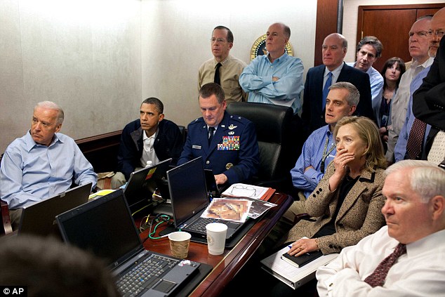 Historic moment: In this May 1, 2011, image, Secretary of State Hillary Rodham Clinton, President Barack Obama and Vice President Joe Biden receive an update on the bin Laden mission in the Situation Room 